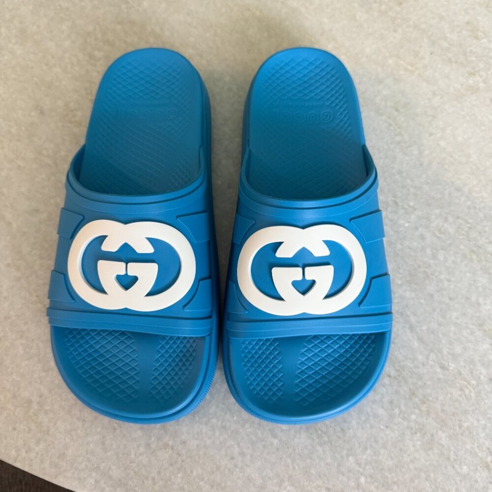 GUCCI 780296 Blue Rubber Men's GG Sandals, sz Gucci 7 - Picture 3 of 11